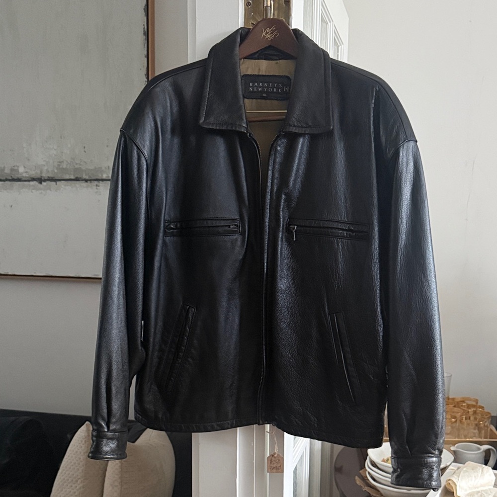 Barneys New York Black Leather Bomber Jacket